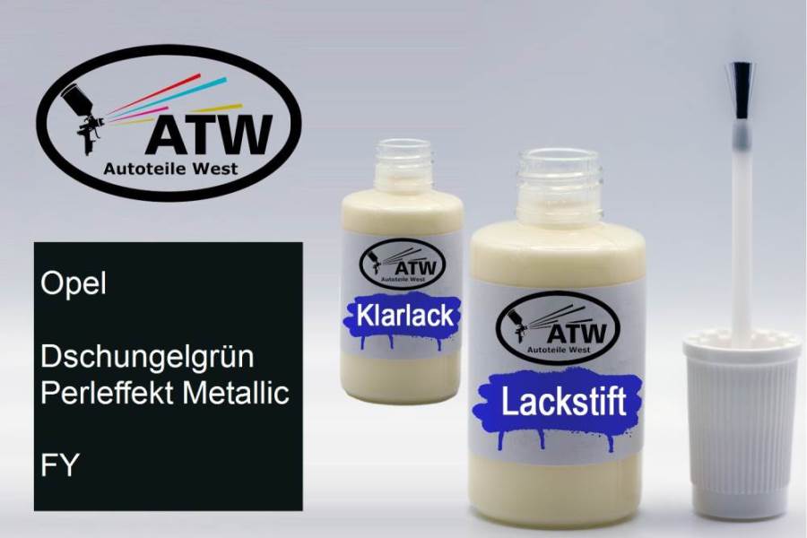 Opel, Dschungelgrün Perleffekt Metallic, FY: 20ml Lackstift + 20ml Klarlack - Set, von ATW Autoteile West.